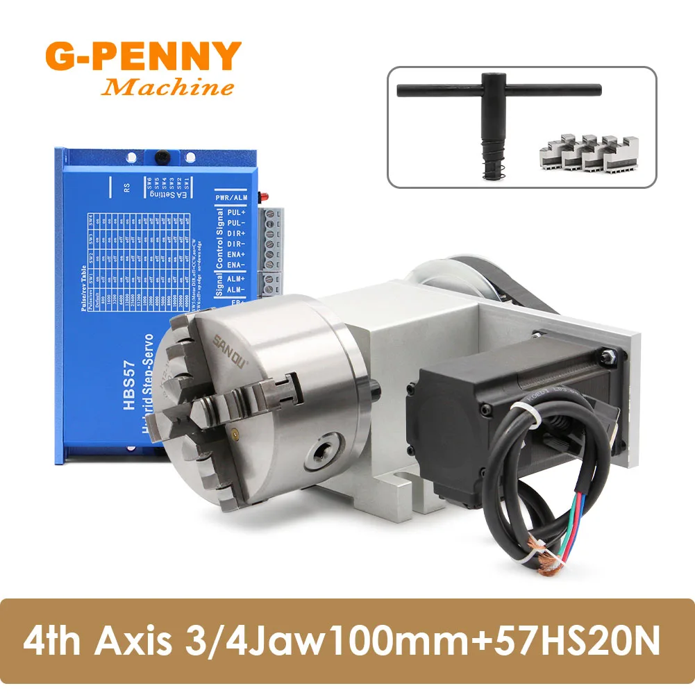 4° asse 3/4 ganasce 100mm testa divisoria CNC/asse di rotazione/kit asse A NEMA23 57HS20N 2.2Nm e HBS57 Motore passo-passo ad anello chiuso