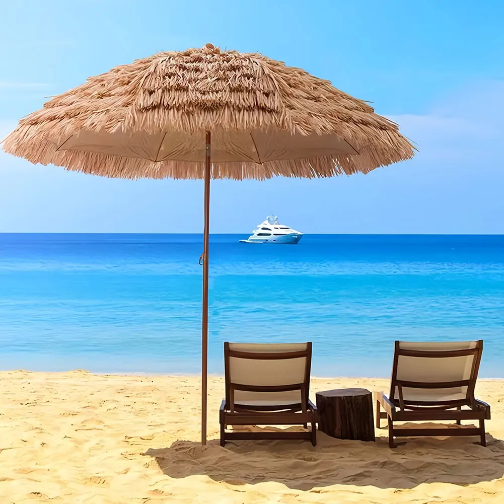 8-Rippen-Strandschirm, 6,23 Fuß/1,9 m Höhe, verstellbarer, faltbarer Terrassenschirm, großer Outdoor-Tiki-Schirm mit Strohdach für Garten und Terrasse Image