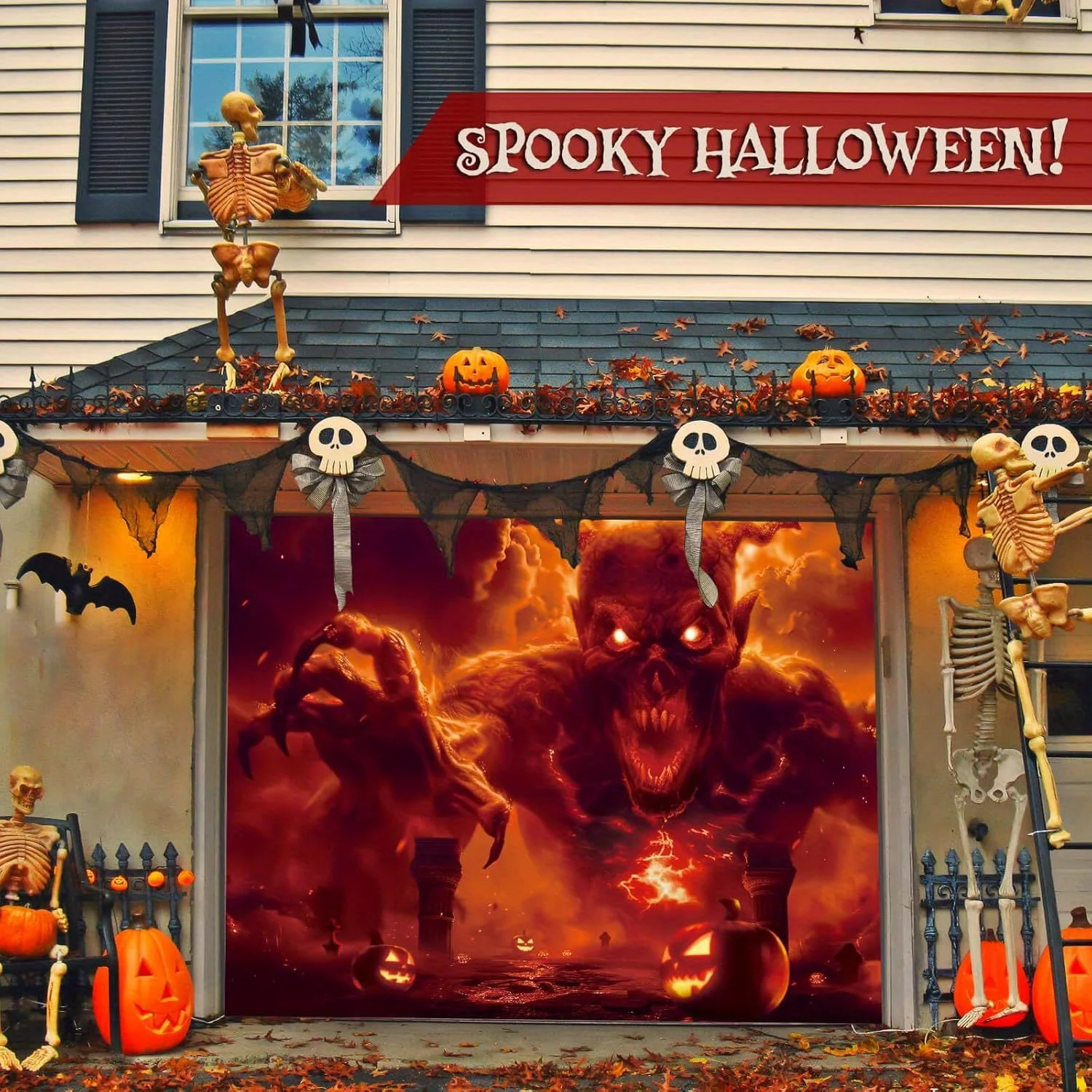 Halloween-Garagentor-Dekorationen mit Ghost Fire-Design, Halloween-Dekorationen, hängendes Banner, Haustür, Veranda, Hofschild