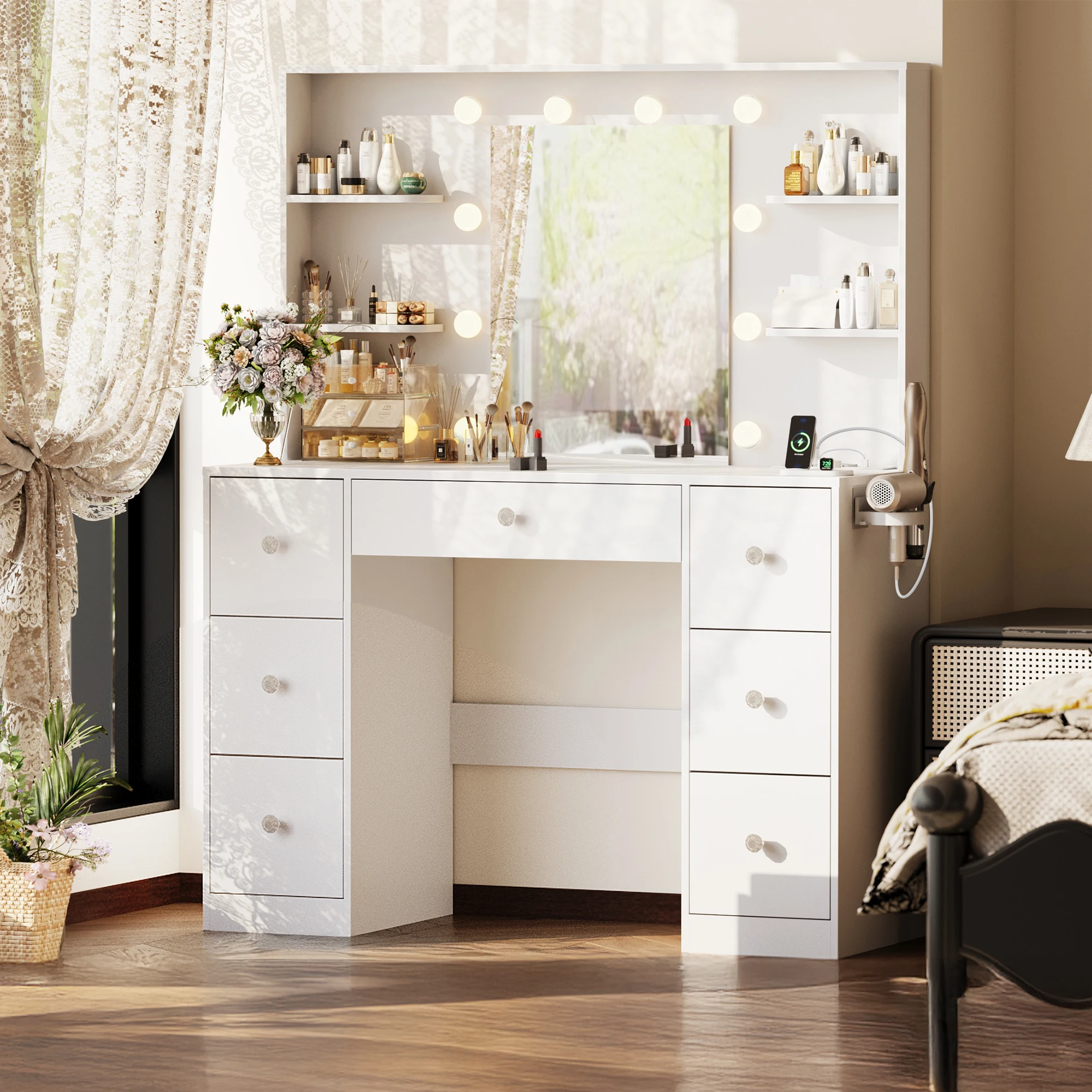 Große Schminktisch mit LED-Beleuchtung, Frisiertisch mit Spiegel und Steckdosen, 7 Schubladen, 4 Offenen Ablagen, Weiß Image