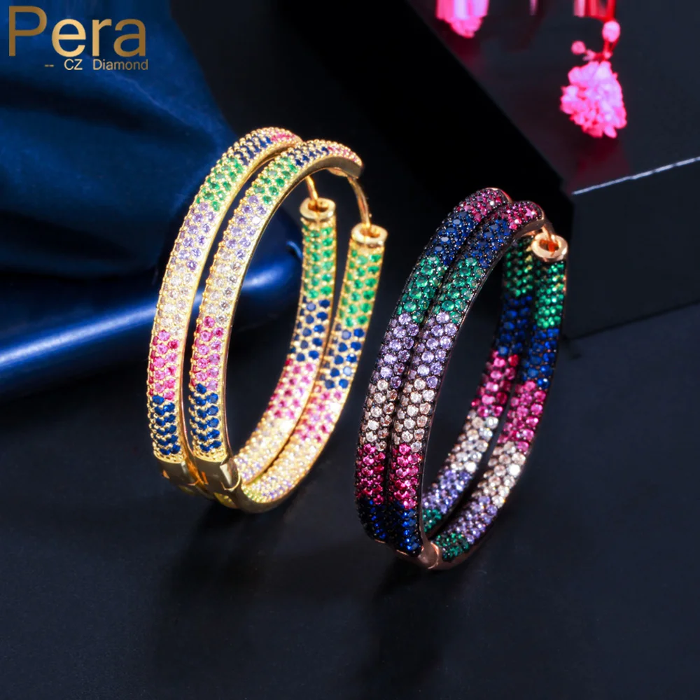 Pera Marke Designer Micro Multicolor Zirkonia Gepflastert Großen Kreis Gold Farbe Hoop Ohrring für Frauen Chic Hochzeit Schmuck E692