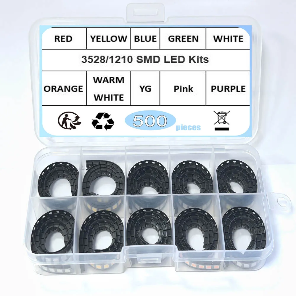 500 Stück 3528 1210 SMD LED 10 Farben x 50 Stück Rot/Grün/Blau/Gelb/Weiß/WARM WEISS/UV/RGB EISBLAU Kaltes LED-Dioden-Set