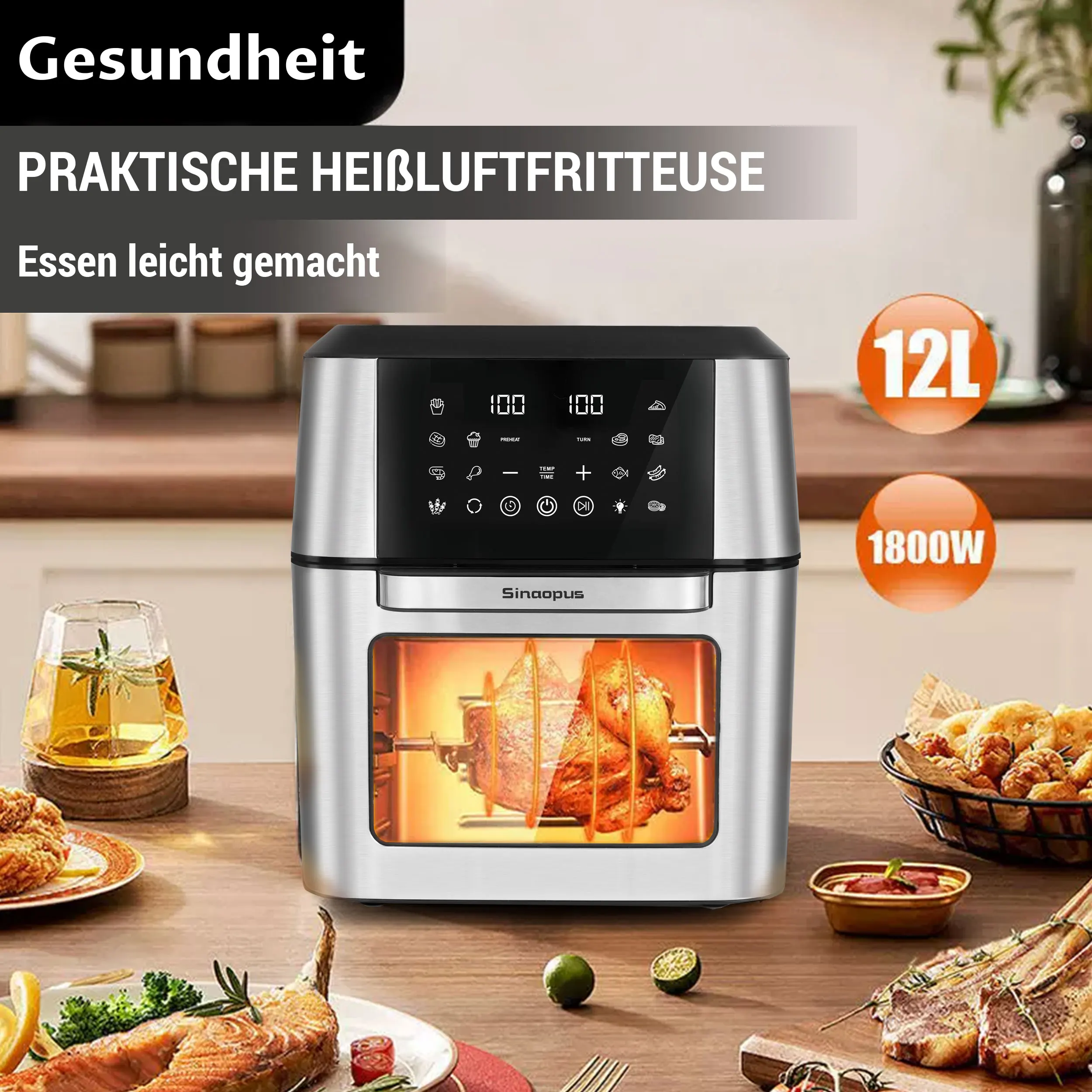 XXL12L Heißluftfritteuse Küchenmaschine Ofen Ölfreier Kocher mit LED-Touch-Steuerung, Sichtfenster, Smarte Heißluftfritteuse, Familiengröße