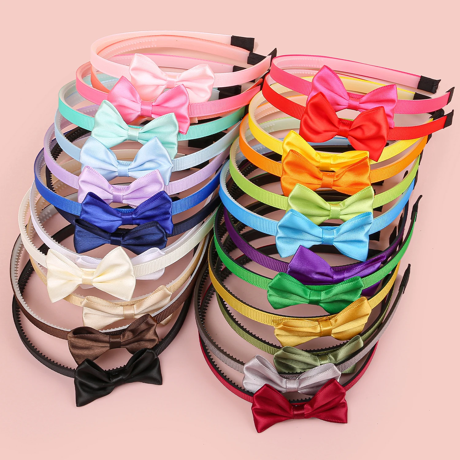 5 stücke 2,5 Zoll Satin Haars chleifen mit Stirnband Kunststoff Zähne Haar bänder Kinder Mädchen Stirnbänder Kinder Haarschmuck Set Image