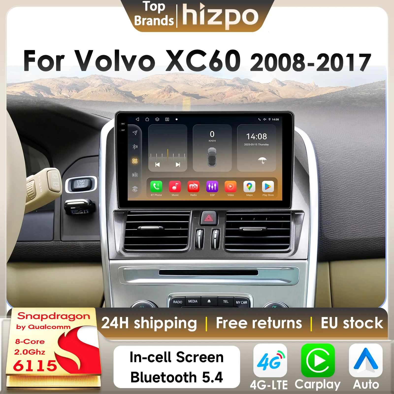Hizpo 8Core 360Kamera Android 14 Autoradio für Volvo XC60 2008–2017 CarPlay 2Din 4G BT5.4 DSP GPS von Qualcomm Snapdragon 6115 Image