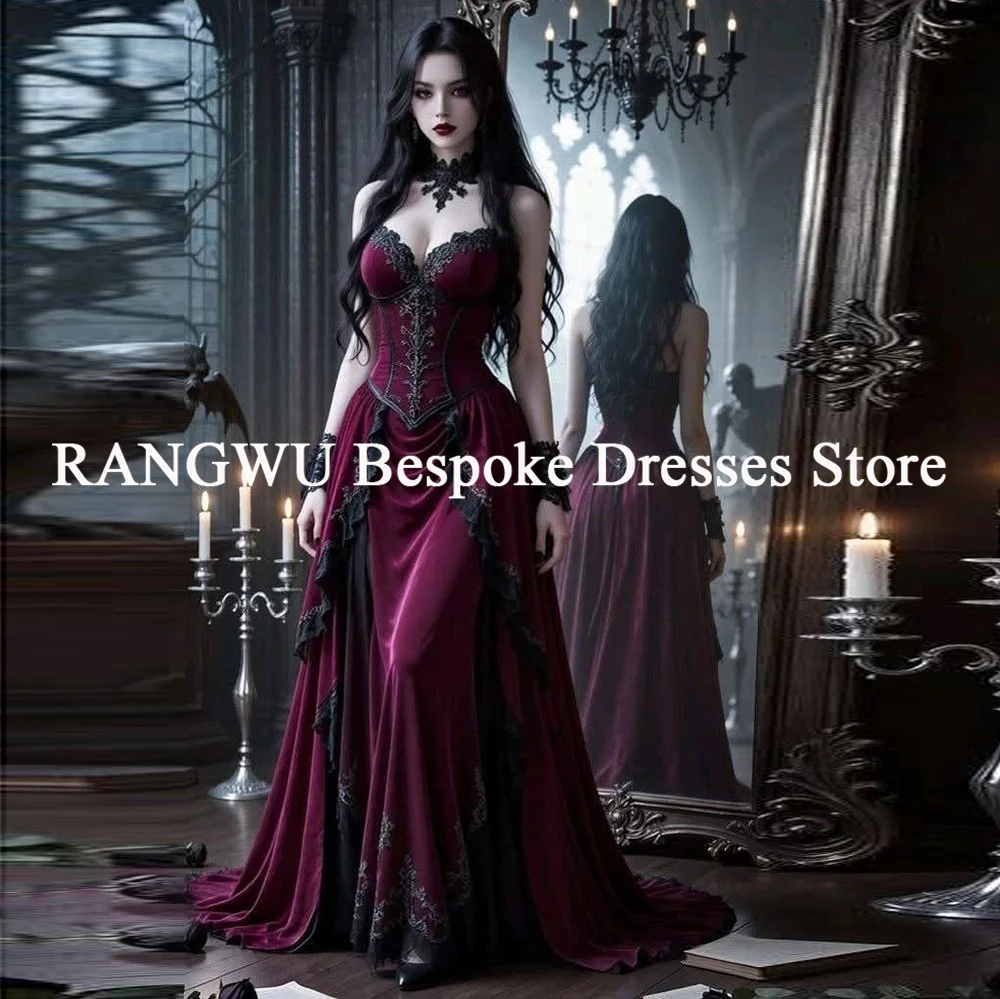 Vampirrote Gothic-Abschlussballkleider 2026, herzförmiger schwarzer Spitze, viktorianische mittelalterliche Abendkleider, Halloween, Fantasie, farbige Braut Image