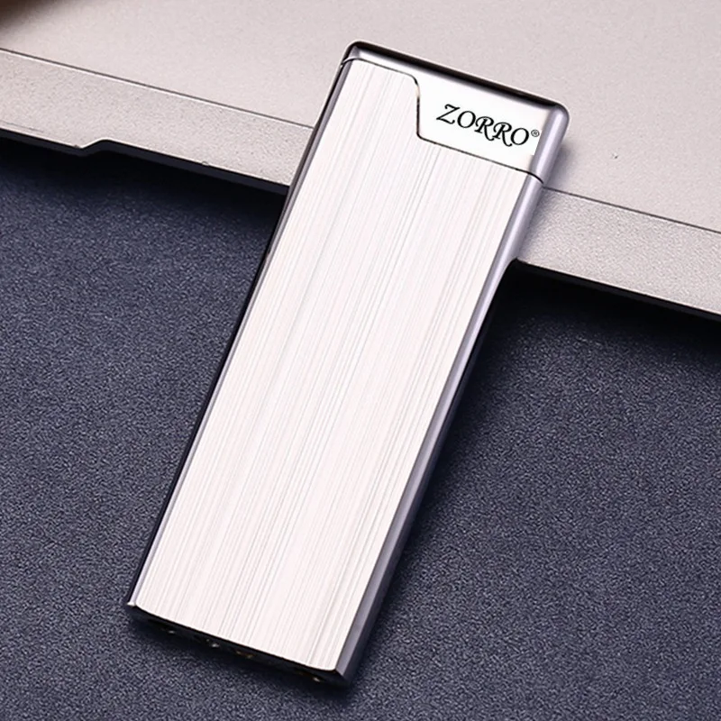 Neue ZORRO Ultradünne und leichte gebürstete Schleifscheibe mit offener Flamme, Gasfeuerzeug, Taschenlampenfeuerzeug, nachfüllbare Gadgets für Männer Image