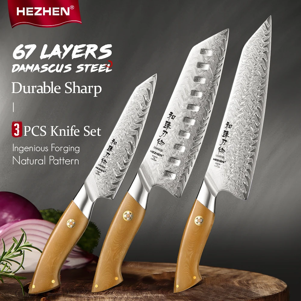 HEZHEN 3-teiliges Messerset – 67-lagiges Chef-, Santoku- und Allzweckmesser aus Damaststahl mit Leinen-Micarta-Griffen für die Küche Image