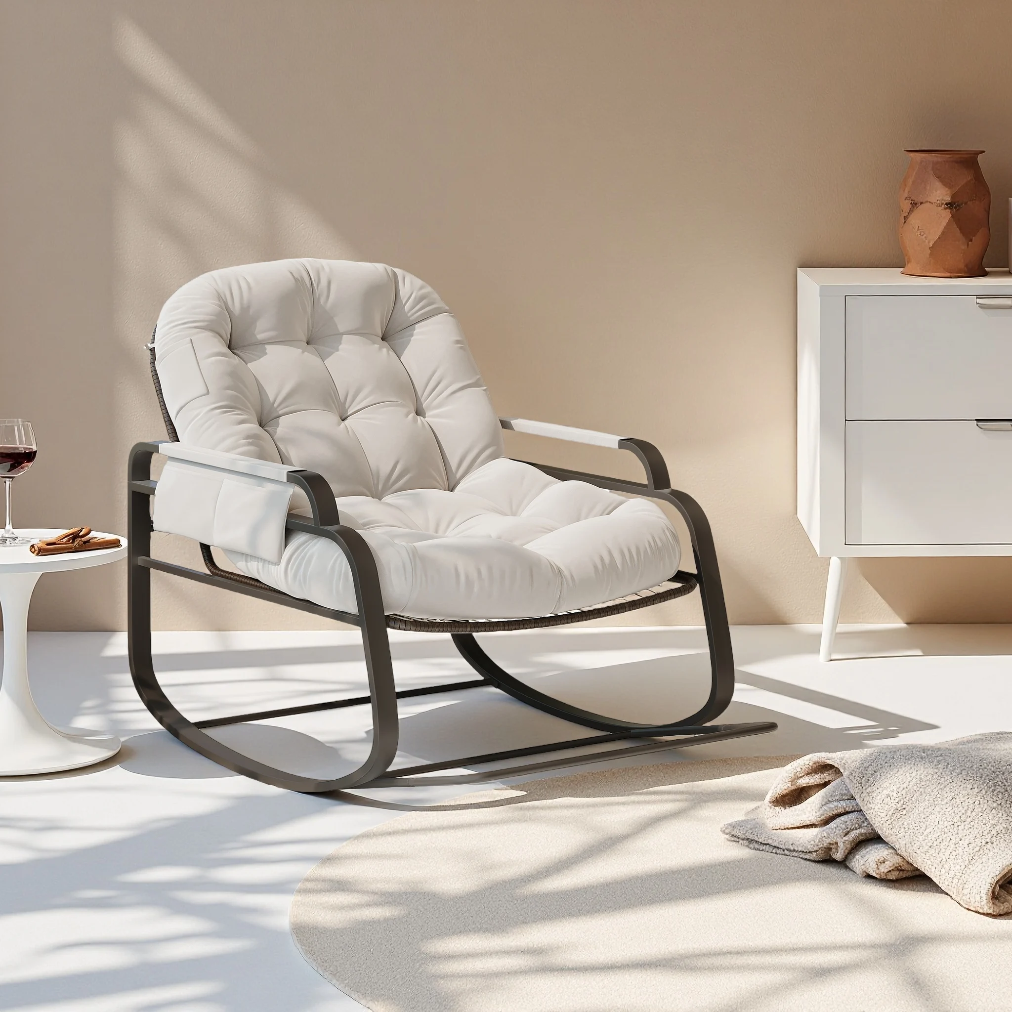 Comanlai Garten-Schaukelstühle, Entspannungsstuhl mit Gepolstertem, Klappbarem Pedal-Design, mit Metallrahmen & Kissen, für Balkon, Terrasse Image