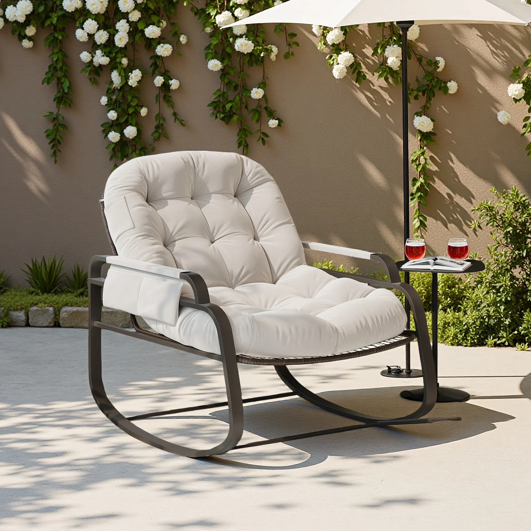 Superaly Garten-Schaukelstuhl aus Korbgeflecht, Freizeitliege, Schaukelstuhl mit klappbarer Fußstütze und gepolstertem Sitzkissen, Leinen, Beige Image