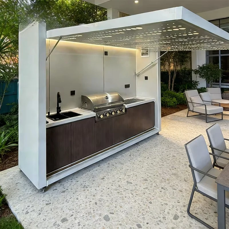 Edelstahl-Außenküche, modularer Outdoor-Küchenschrank, Outdoor-Küchenset (mit Grill und Kühlschrank)