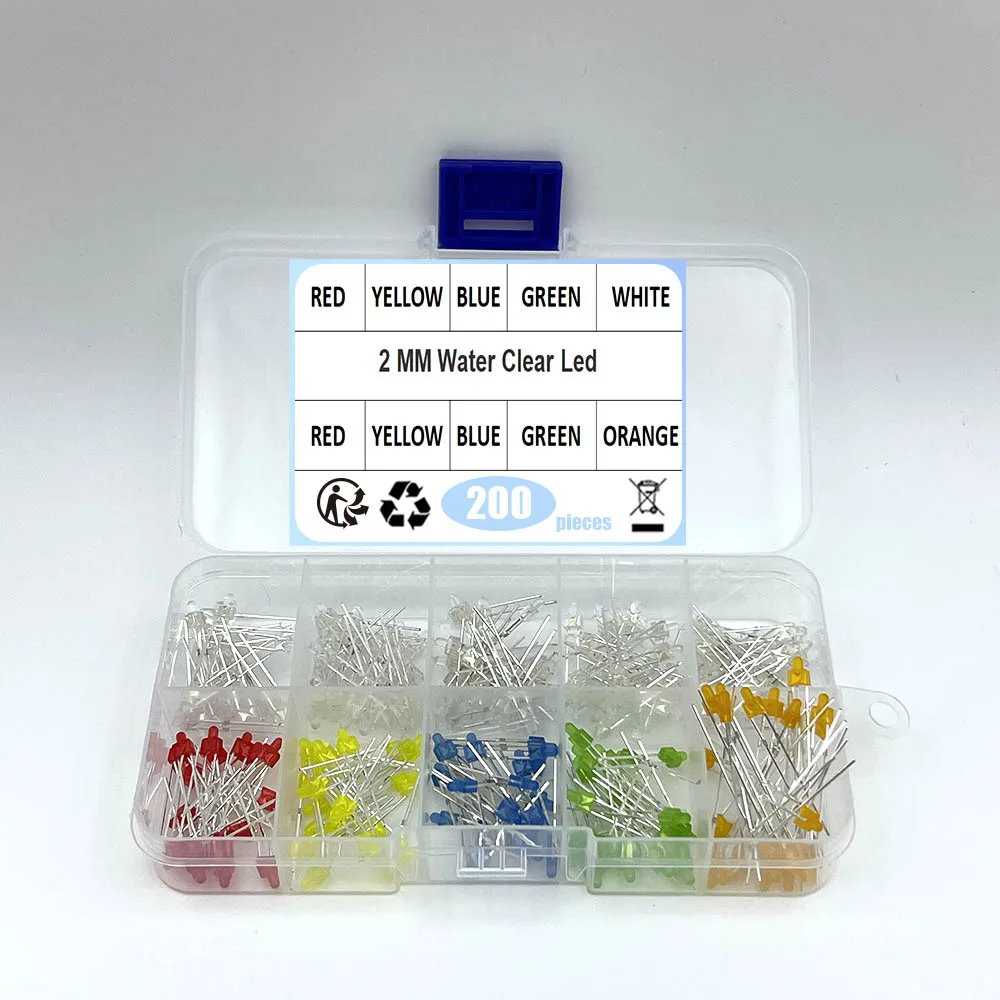 200 teile/los 2 MM LED Sortiment Kit Primäre Wasser Klar Rot Blau Grün Gelb Orange Weiß DIY Diode Pack Sechs farben Image
