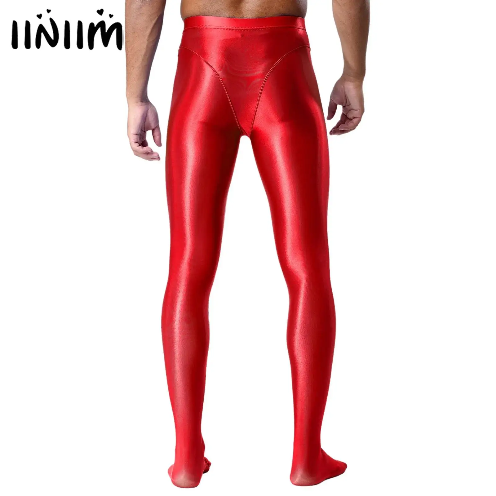 Eng anliegende Herren-Hose mit schmaler Passform, ölglänzende Kompressionsstrumpfhose, glänzende, glatte Leggings mit elastischem Bund und Füßen Image