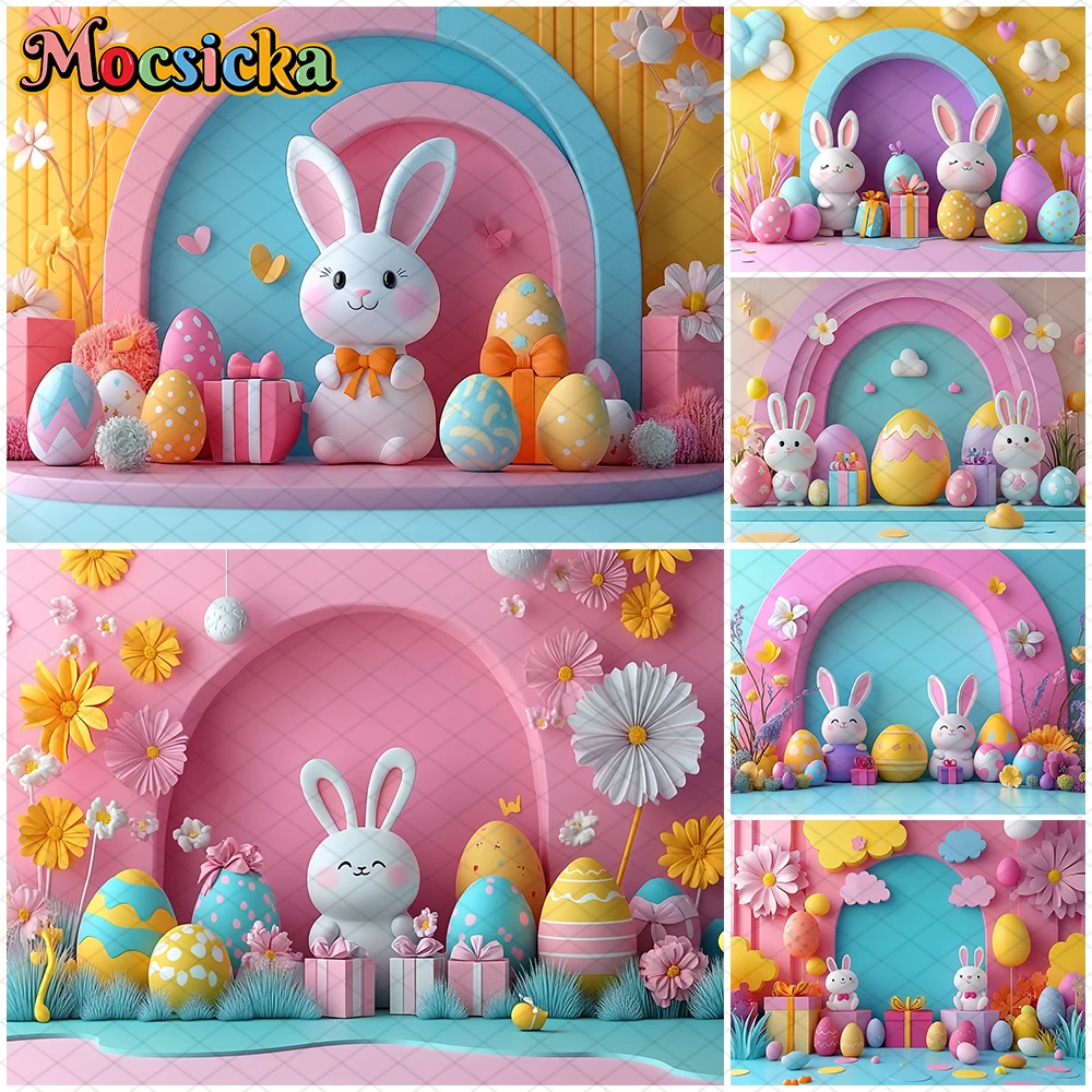 Mocsicka Oster-Ei-Fotografie-Hintergrund, Baby-Shower, Geburtstagsfeier, Hintergrund, Kaninchen, Blumen, Muster, Dekorationen, Requisiten, Studio-Banner Image