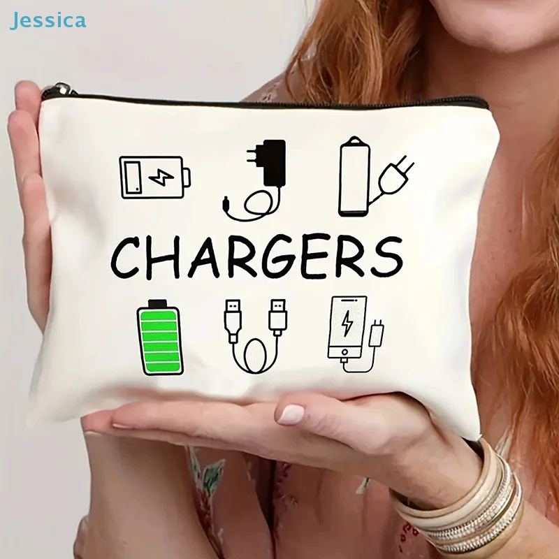  Niedliche Tech-Gadget-Tasche – Reißverschlusstasche mit Doodle-Print „CHARGERS“ für Kabel, Ladegeräte und Ohrhörer Image