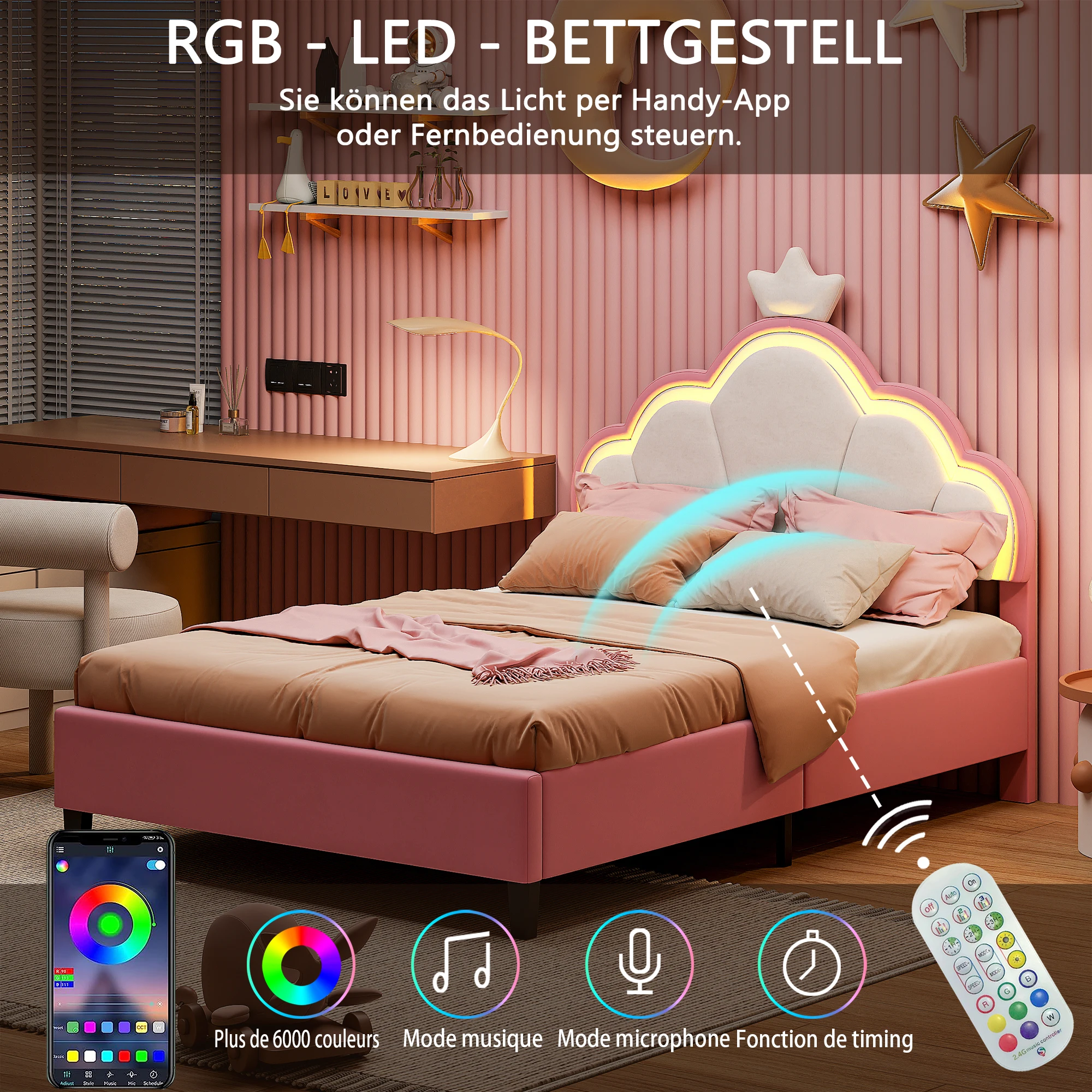 Anajqaqia 90 x 200 cm Polsterbett, Einzelbett mit LED-Beleuchtung, verstellbarem Kopfteil mit Wolkenkrone und Lattenrost, Rosa Image
