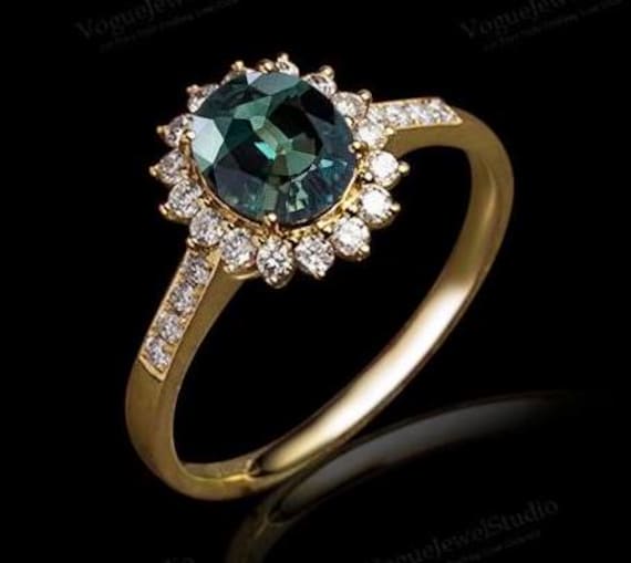 Anello di fidanzamento con zaffiro verde acqua che cambia colore, oro rosa 14 carati, anello da sposa con zaffiro verde acqua, anello nuziale con gemm