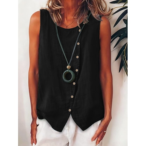 Damen Hemd Bluse Ärmelloses Shirt Knöpfe Einfarbig Bohemien Stilvoll Klassisch Ärmellos Rundhalsausschnitt Normale Oberteile Täglich Ferien Ausgehen Blau Schwarz Weiß Armeegrün Marineblau Sommer Image
