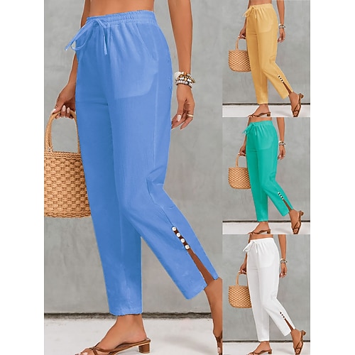 Damen Chinos Gerade Urlaub Streetwear Lässig Volle Länge Mittlere Taillenlinie Einfach Kordelzug Patchwork Tasche Bequem Komfort Atmungsaktiv Mikroelastisch Täglich Outdoor Streetwear lichter Ocker Image