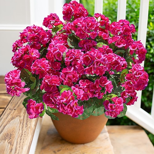 6 Bündel künstliche Geranien für die Außendekoration, UV-beständige Seidengeranien, die wie echte Pflanzen aussehen, für Haustür, Garten, Veranda, Pflanzkübel, Terrasse, Balkon, Hof und Innenbereich. Image