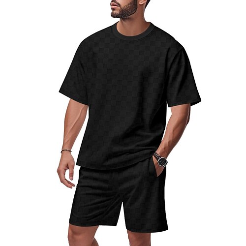 Herren T-Shirt Anzüge Trainingsanzug Shorts und T-Shirt-Set Kurzarm Rundhalsausschnitt Sommer Schachbrett Gymnastik Lässig Jacquard 2 teilig Lässig Urlaub Alltagskleidung Schwarz Weiß Kaki Top Image
