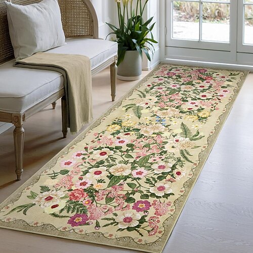 Läuferteppich aus floralem Kunstkaschmir, rutschfest, für Wohnzimmer, Balkon, strapazierfähig und leicht zu reinigen, auch als Bettvorleger geeignet. Image
