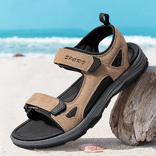 Beigefarbene Herren-Sportsandalen mit offener Zehenpartie und Klettverschluss – gepolsterte Sohle, atmungsaktives Design, perfekt für Strand, Urlaub und sommerliche Freizeitkleidung