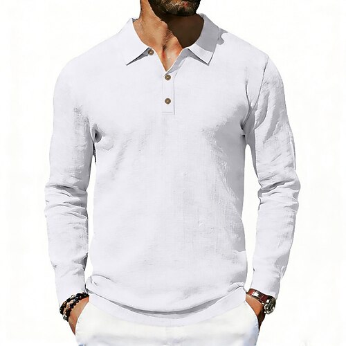 Herren Leinenhemd Poloshirts Lässig Straße Revers Langarm Basic Modern Einfach Knöpfe Frühling Herbst Normale Passform Schwarz Weiß Marineblau Khaki Dunkelgrau Armeegrün Leinenhemd Image