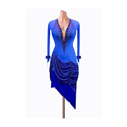 Lateinamerikanischer Tanz Kleid Strass Quaste Damen Party Training Leistung Langarm Hoch Spandex Nylon Image