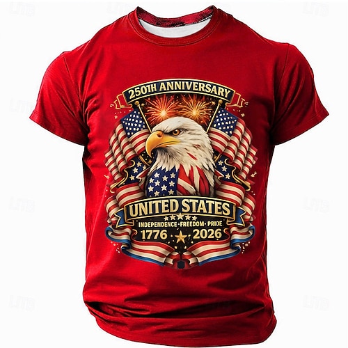 Amerikas 250. Jahrestag Herren Amerikanische US-Flagge Adler T Shirt Kurzarm T-Shirt 3D-Druck Rundhalsausschnitt Hemd Täglich Militär Täglich Straße Blau Hellblau Schwarz Sommer Frühling Bekleidung S Image