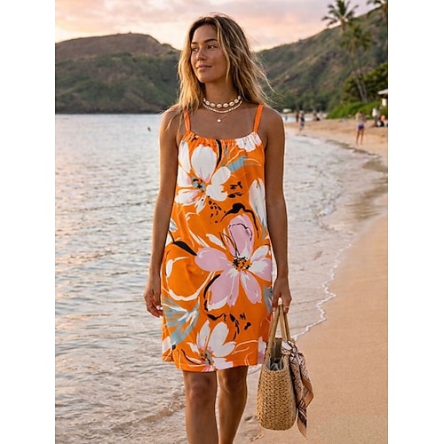 Damen Knielanges Kleid Trägerkleid Lässig Normale Passform Grafik Tropisch Ärmellos Rundhalsausschnitt Blau Purpur Orange Grün Sommer Frühling Image