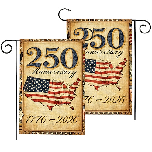 2 Stück USA-Gartenflaggen zum 250. Jahrestag (1776–2026), patriotische amerikanische Geburtstagsflagge für den Außenbereich, geeignet für Garten, Rasen, Veranda oder als Dekoration zum