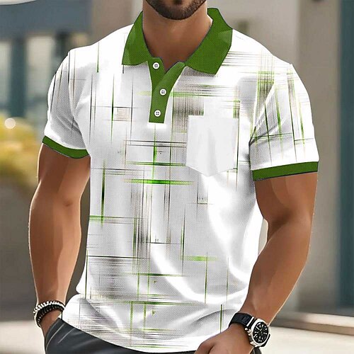 Herren Geometrisch Linie Polo Kurzarm Polo-Shirts Hemden mit Kragen Business-Casual Outdoor Athleisure Alltagskleidung Tasche 3D-Druck Knöpfe Sommer Blau Schwarz und Weiß Schwarz Image