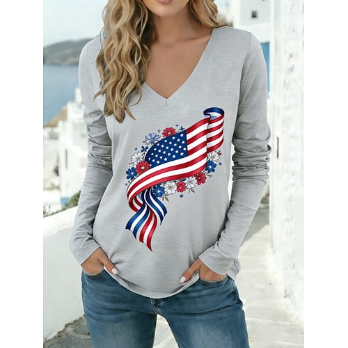 Amerikanischer Unabhängigkeitstag Damen T Shirt T-Shirt Druck Grafik Amerikanische Flagge Stilvoll Klassisch Lässig Langarm V Ausschnitt Normale Oberteile Täglich Sport Ausgehen Blau Rote Hellgrau Image