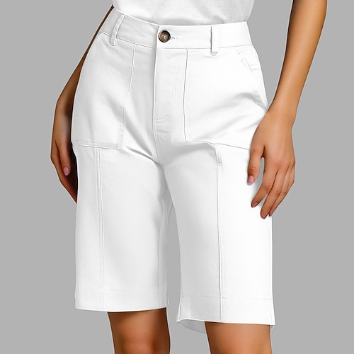 Damen Shorts Sommershorts Bermudashorts Vintage Mode Alltagstauglich Knielang Mittlere Taille Einfarbig Einfach Tasche Gerader Schnitt Komfort Leicht Weich Unelastisch Streetwear Büro Arbeit Image