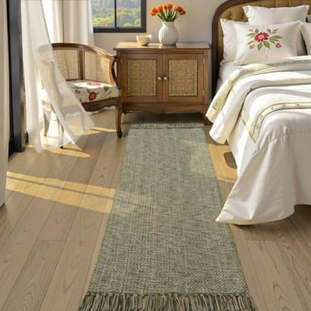 Long Hallway Runner Rug 2.6 x 7 Washable Rugs Indoor Entryway Runner Rug Modern Natural/Green Kitchen Runner Rugs Cotton Braided Low-Profile Bedroom Carpet for Laundry Room Bathroom
