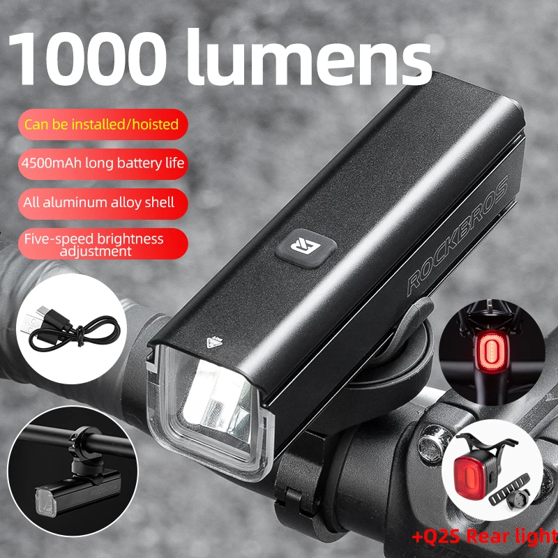 ROCKBROS luce per bicicletta 1000LM tipo-c ricarica luce per bici lampada anteriore faro da ciclismo ricaricabile alluminio impermeabile RHL1000
