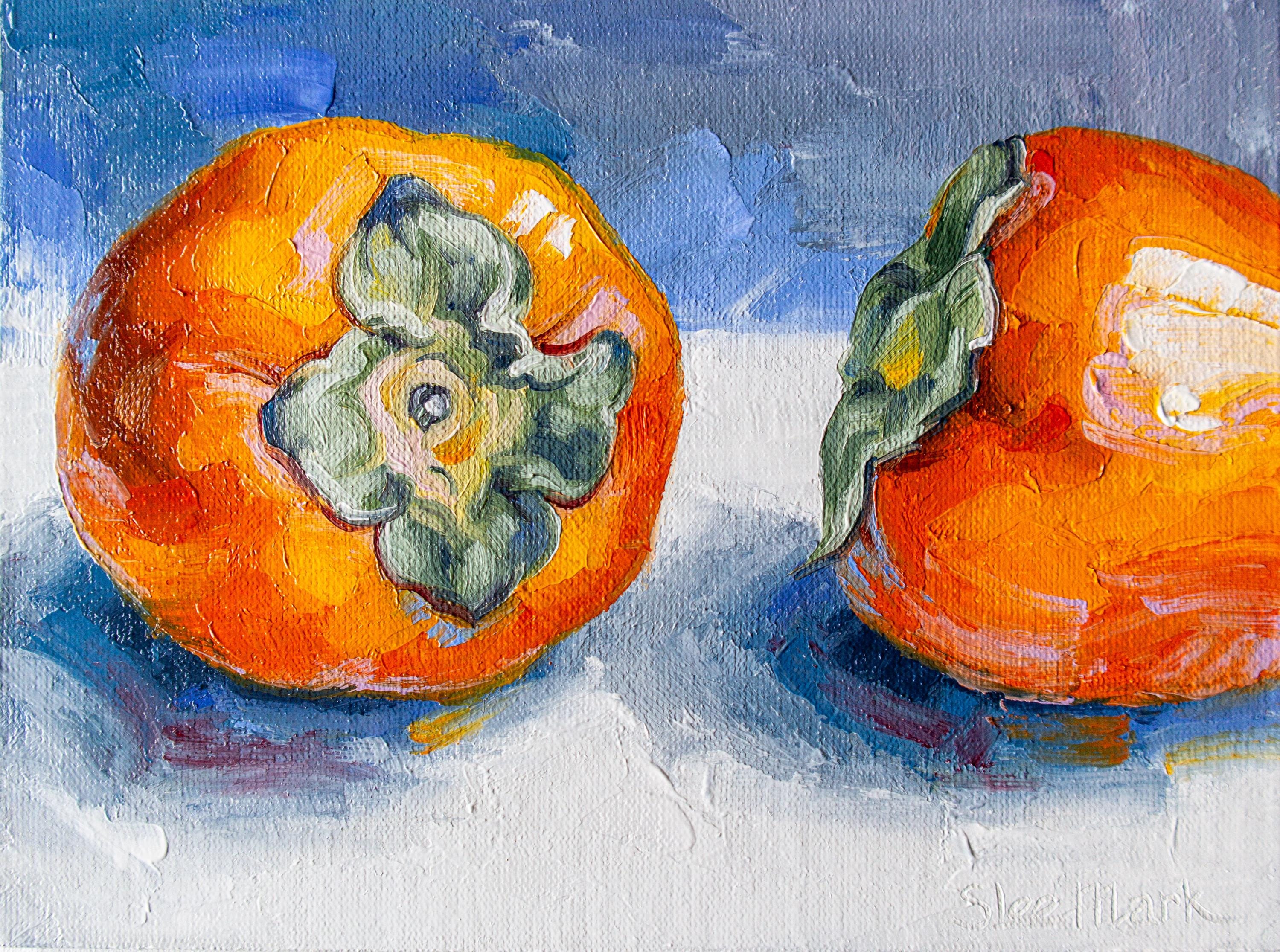 Cachi Opera d'arte originale 6x8 di S. Lee Mark - Natura morta dipinto ad olio Arte della frutta Natura morta con frutta Dipinto di frutta Arte degli