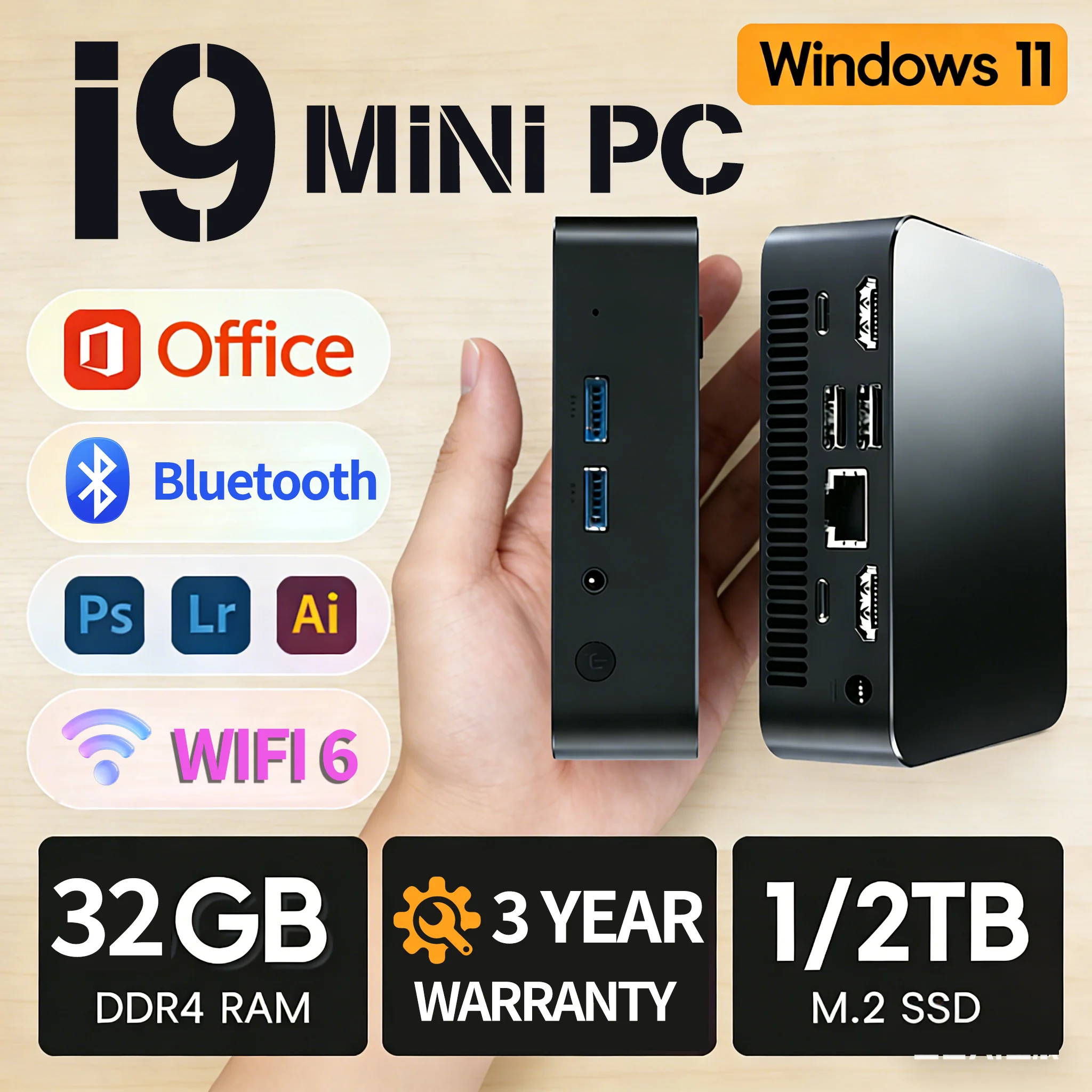 MINI Gaming PC Windows 11 Intel Core i9 8950HK MINI Host 16GB DDR4 2048GB SSD WIFI 6 BT5.2 Gaming MINI PC