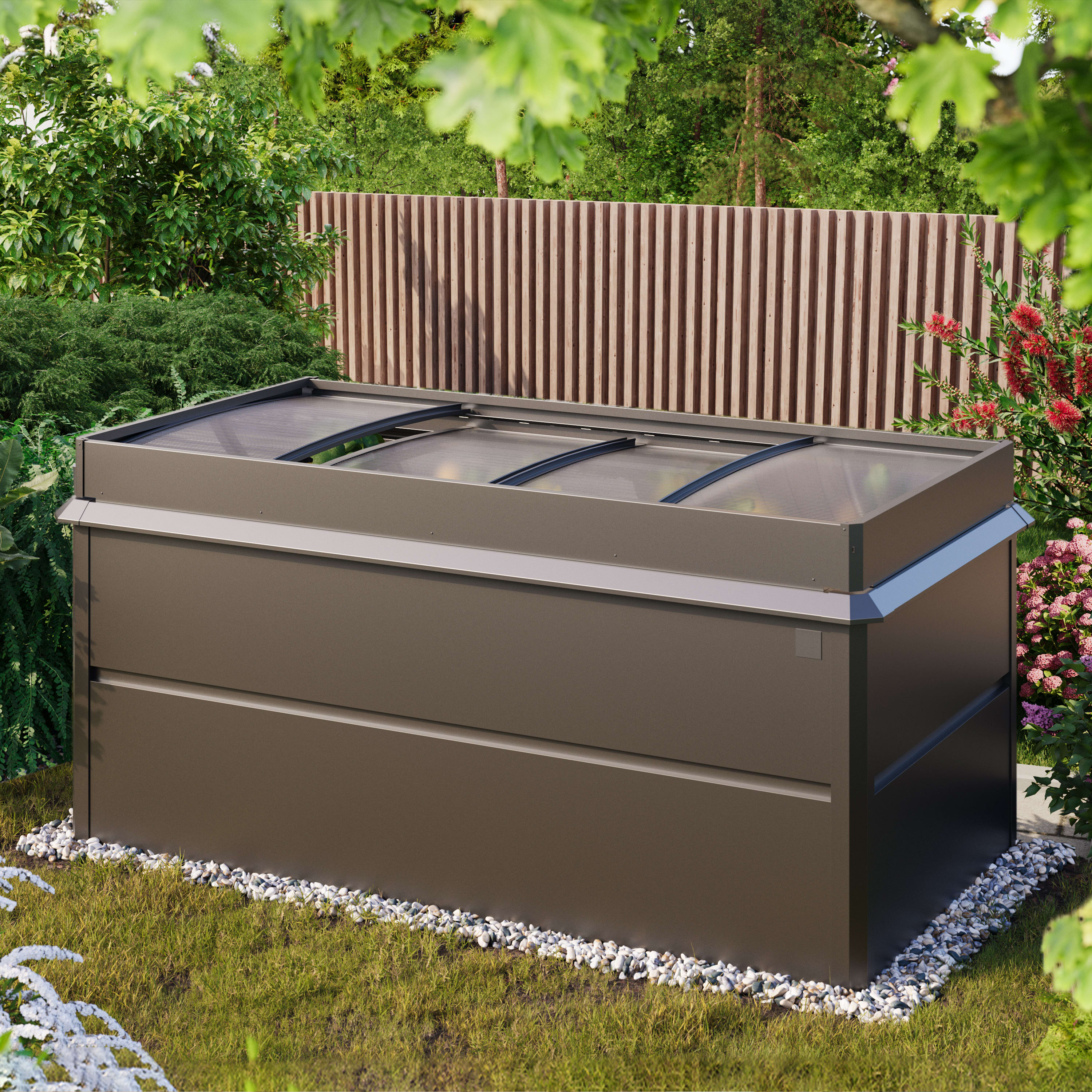 200 x 100 x 77 cm Hochbeet, Stahl, Anthrazit-Metallic | inkl. Frühbeetaufsatz und Schneckenschutz - (GFPV00774) Image