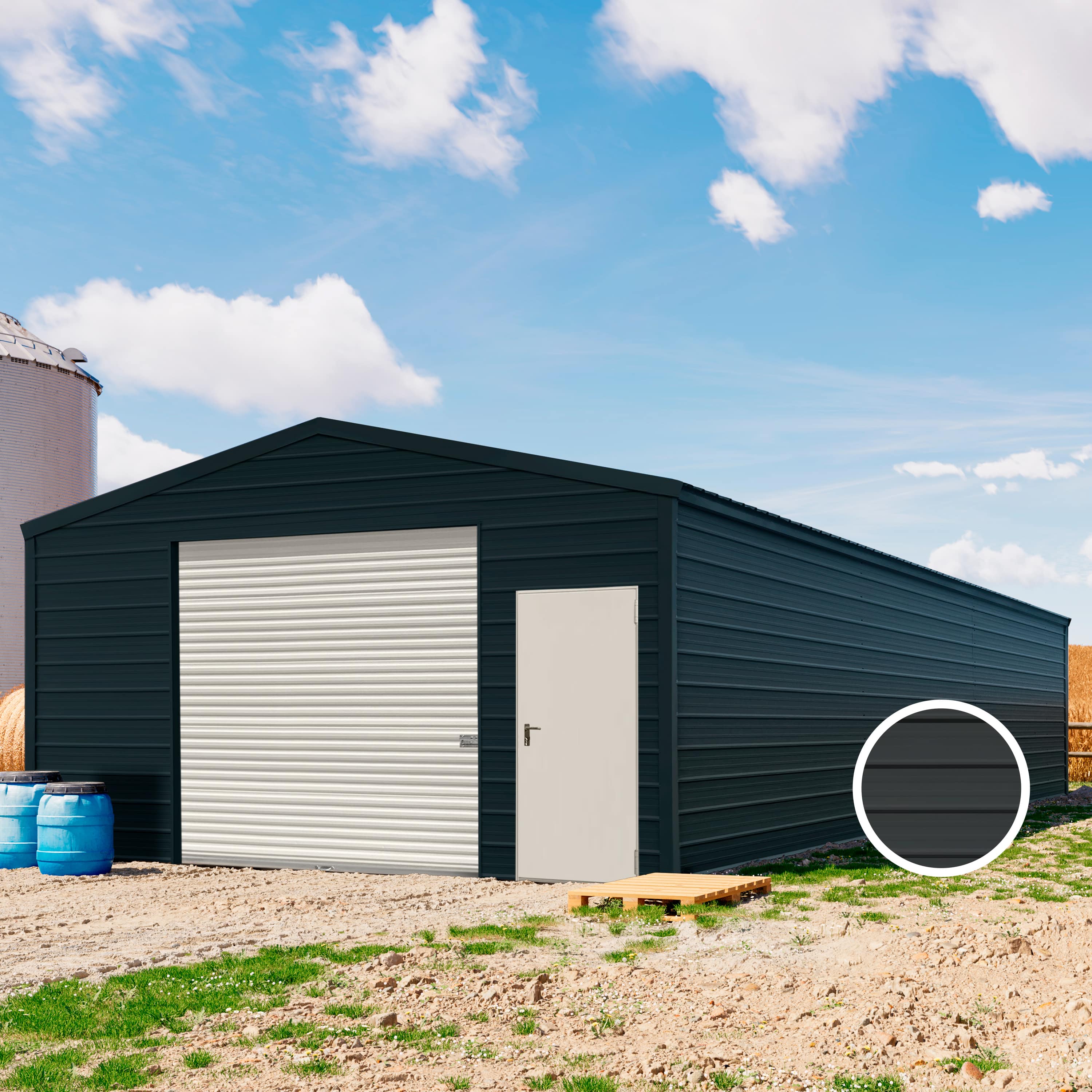 5,7 x 15,2 m ARGO, Stahldach, Leichtbauhalle, Trapezblechverkleidung, Anthrazit, mit Statik (Betonuntergrund), ohne Setangebot - (KROV00002) Image