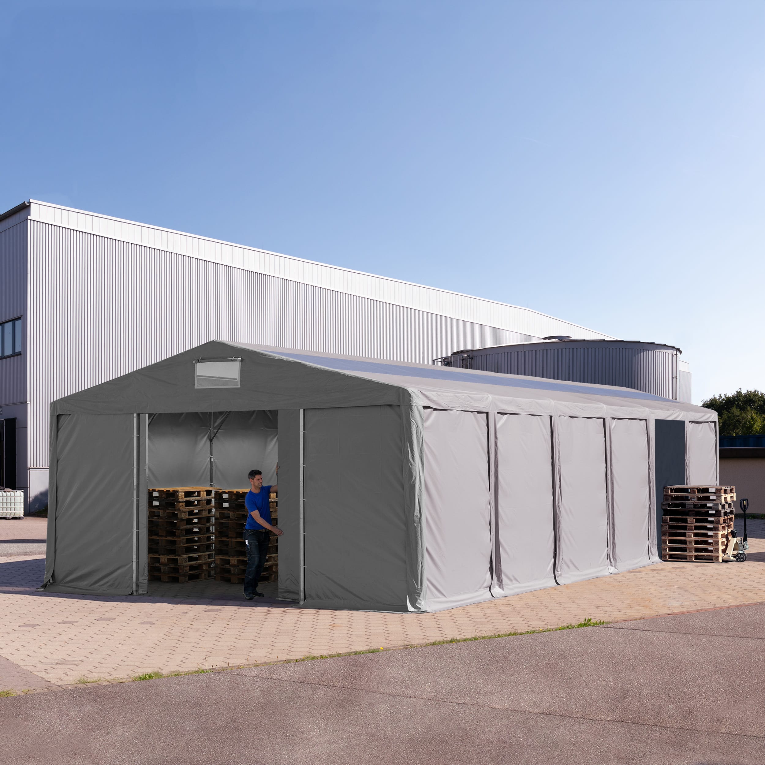 8x12 m Lagerzelt, PVC-Plane, grau, mit Bodenrahmen, mit Statik (Erduntergrund) - (93823) Image