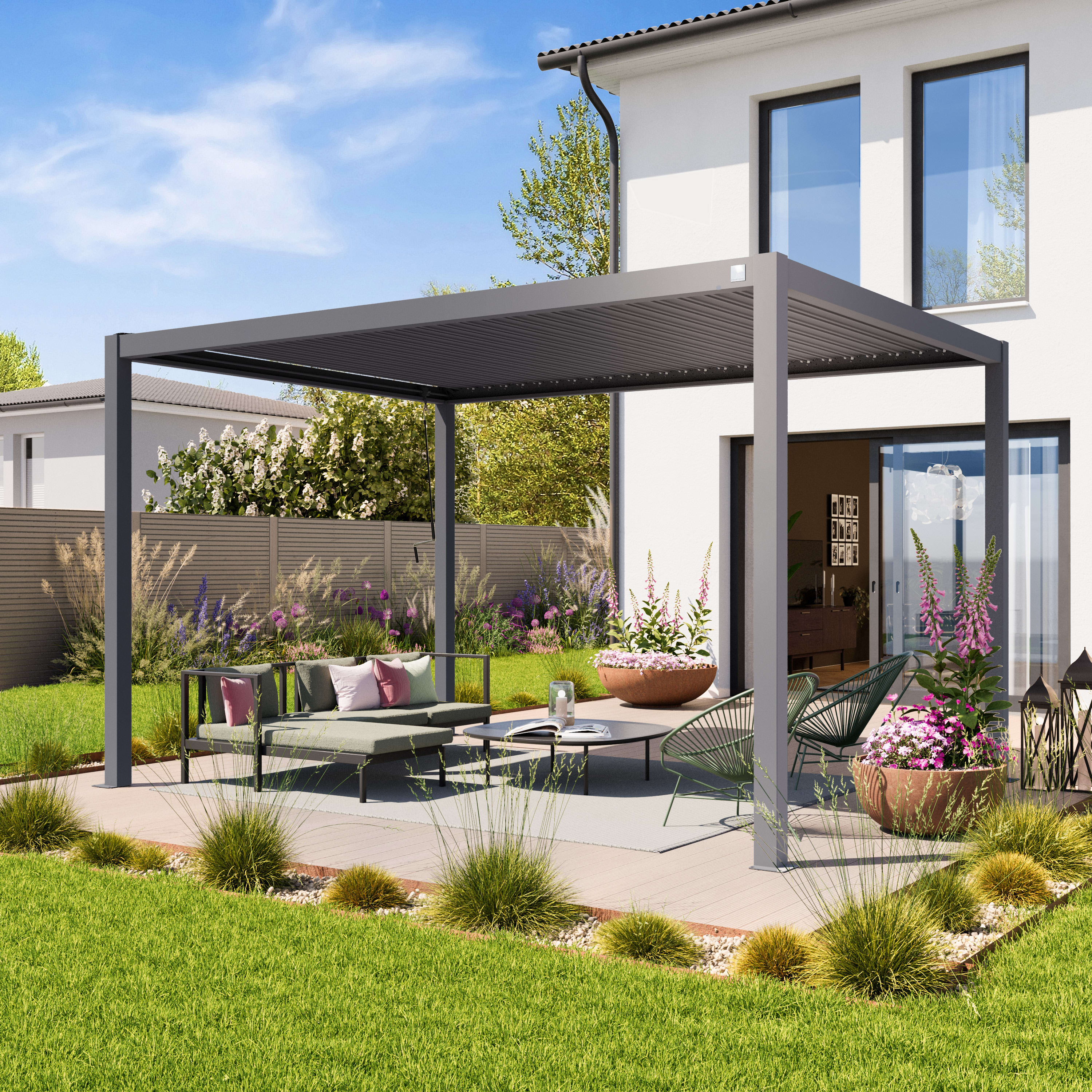 3x4m Pergola in Perlgrau; mit Lamellendach in Perlgrau - (400107) Image