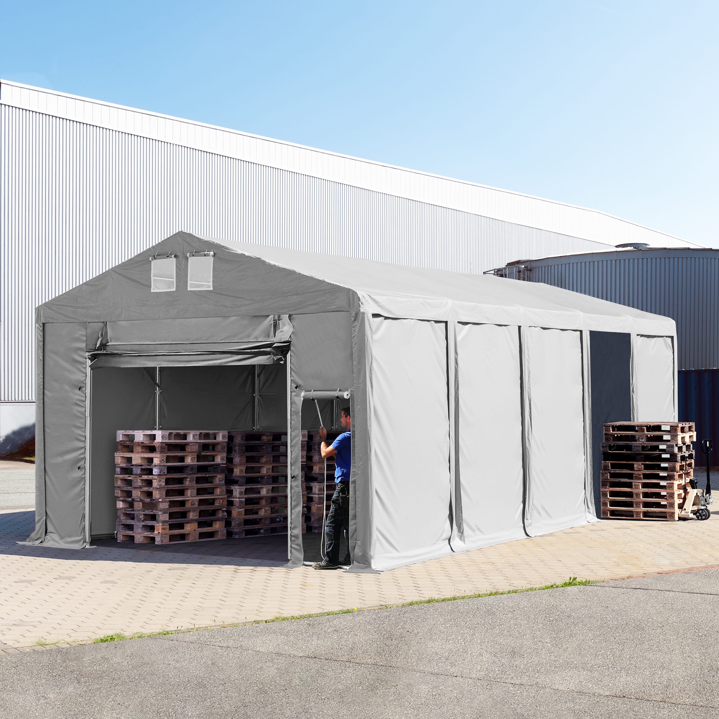 5x10 m Lagerzelt, PVC-Plane, grau, mit Bodenrahmen, ohne Statik - (79805) Image