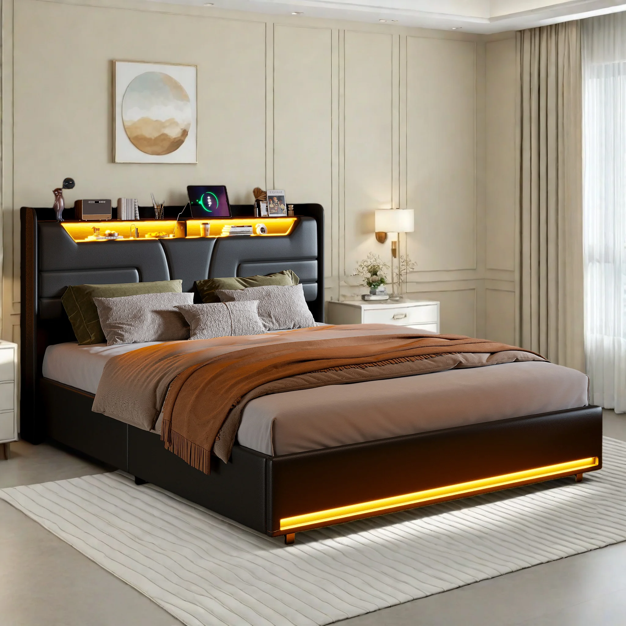 Rosahqnda Polster-Doppelbett 160x200 cm, hydraulisches Bett mit Bettkasten und Lattenrost, Kopfteil mit Stauraum, LED und USB Image