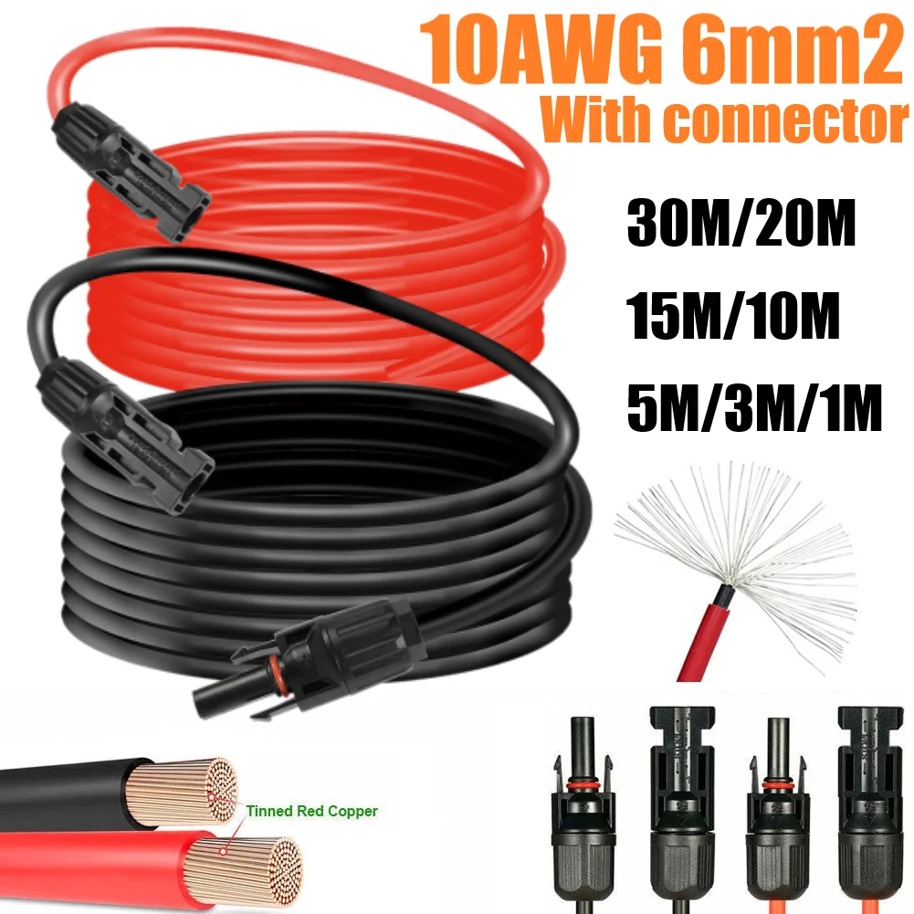 PowMr 10AWG 30 m/20 m/15 m/10 m/5 m/3 m/2 m/1 m PV-Kabel 6 mm2 Schwarz und Rot Solar-PV-Draht TÜV IP68 Verlängerungsdraht für Solarpanelsystem Image