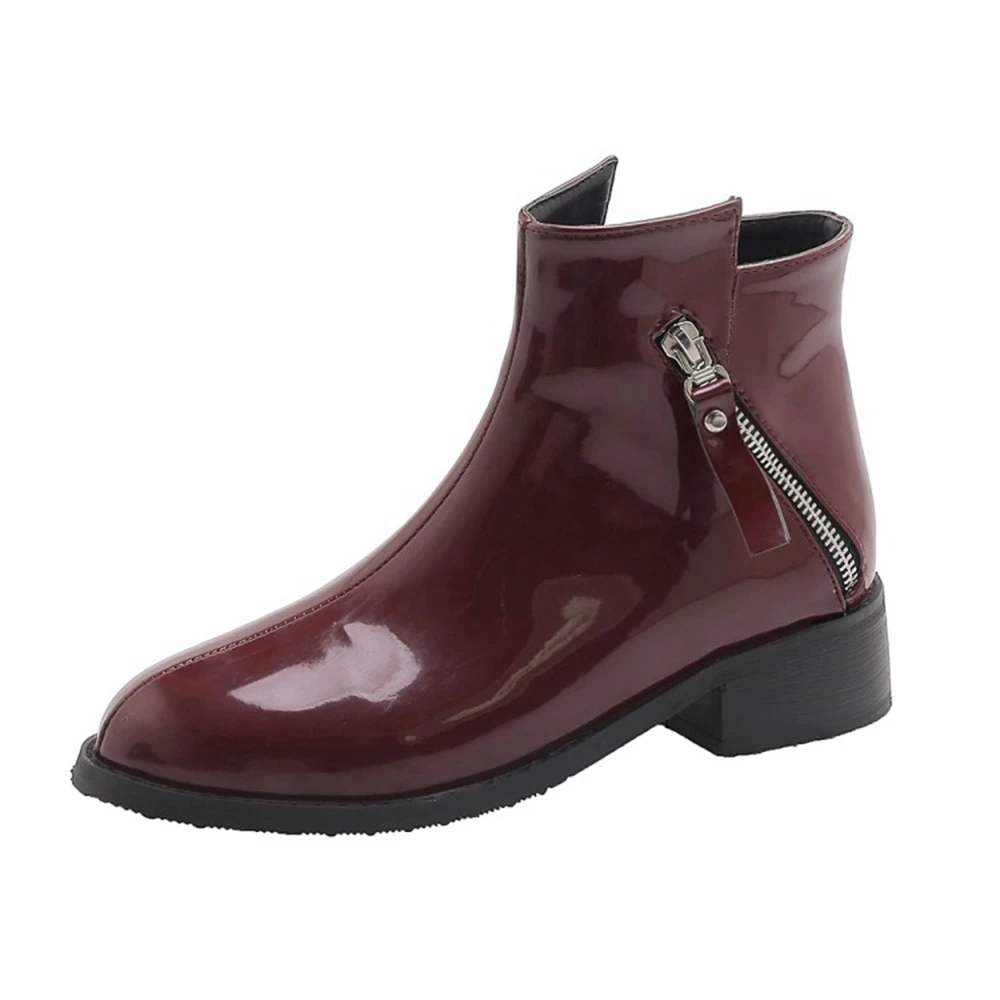 BLXQPYT Damen Stiefeletten Mode Lackleder Blockabsatz Runde Zehenkappe Innen-Reißverschluss Motorradstiefel Übergröße 53 54 20-62