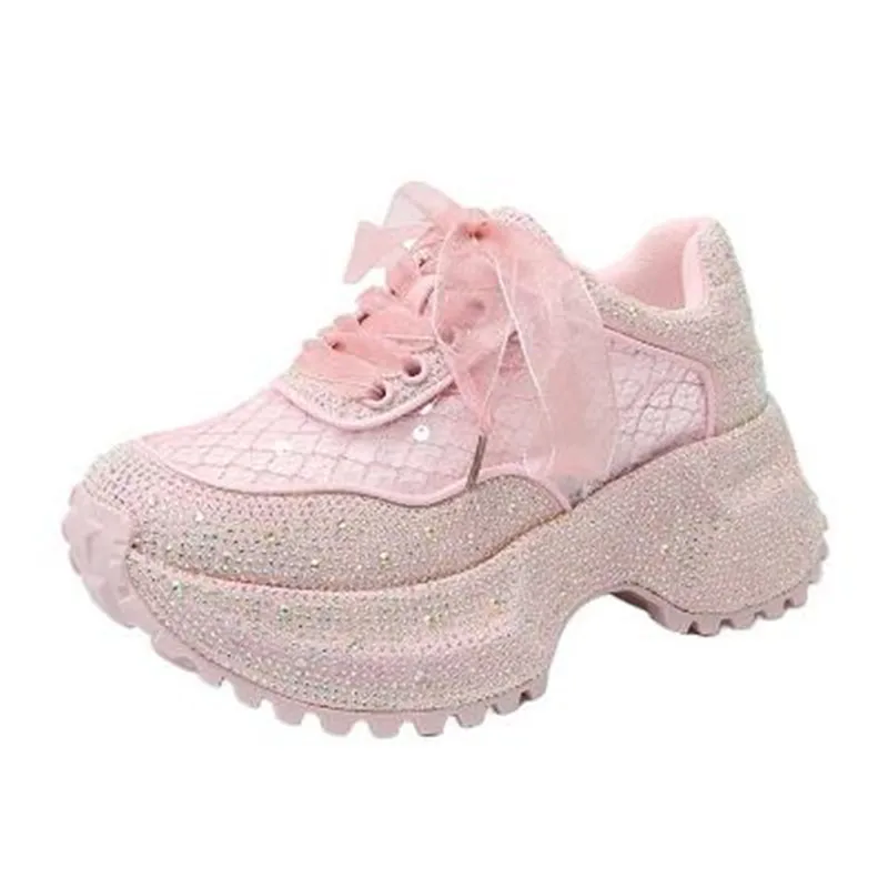 NEUE 2025 Top Qualität Frauen Mesh Wanderschuhe frauen Casual Dicke Sohle Strass Atmungsaktive Glänzende Papa Schuhe Frauen Turnschuhe