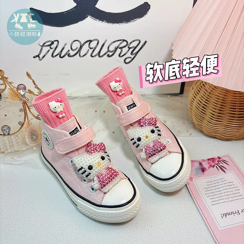 2026 Hello Kitty High-Top Canvas-Schuhe für Mädchen, Atmungsaktive Freizeitschuhe, Trendige Frühling-Sommer-Schuhe für Größere Kinder