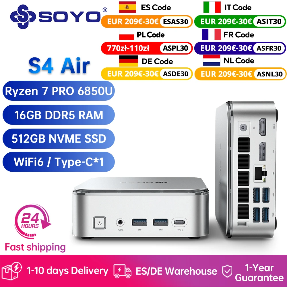 SOYO S4 Air Mini PC Gaming Computer AMD R7-6850U CPU 16 GB DDR5 512 GB SSD NVME PCIE3.0 Window 11 Pro WiFi6/BT5.2 Mini-Computer